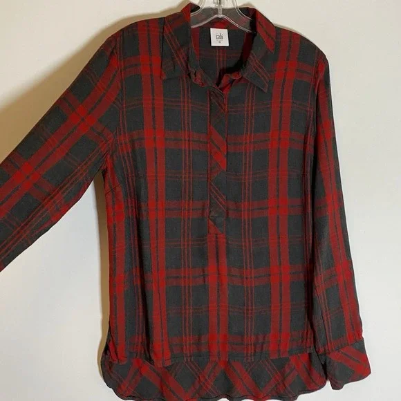 Cabi Top Womens Medium Red Black Plaid 1/2 Button Up Blouse Hi Low Festive Boho - Picture 4 of 16